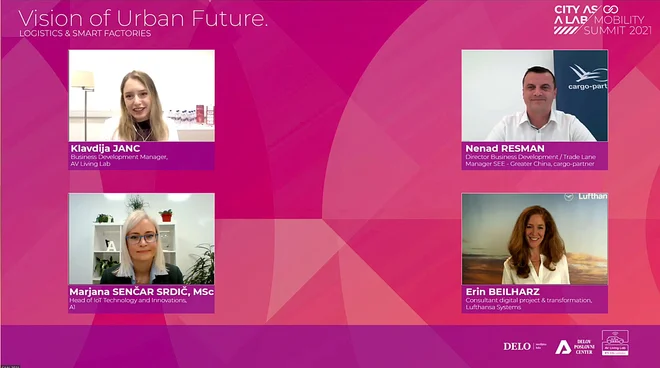 Moderatorka Klavdija Janc, vodja poslovnega razvoja v AV Living Lab (levo zgoraj), Nenad Resman, direktor področja prodaje in marketinga v cargo-partner Slovenija, Marjana Senčar Srdič, vodja tehnologij interneta stvari in inovacij v A1 Slovenija (levo spodaj) in Erin Beilharz, svetovalka za digitalne projekte in transformacijo v Lufthansa Systems. FOTO: Leon Vidic/Delo