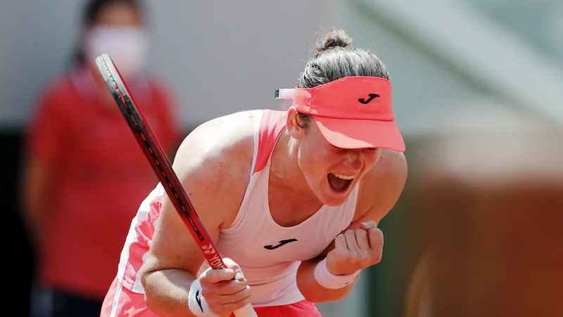 Fotografija: Tamara Zidanšek se je takole veselila uvrstitve v polfinale Roland-Garrosa. FOTO: Benoit Tessier/Reuters