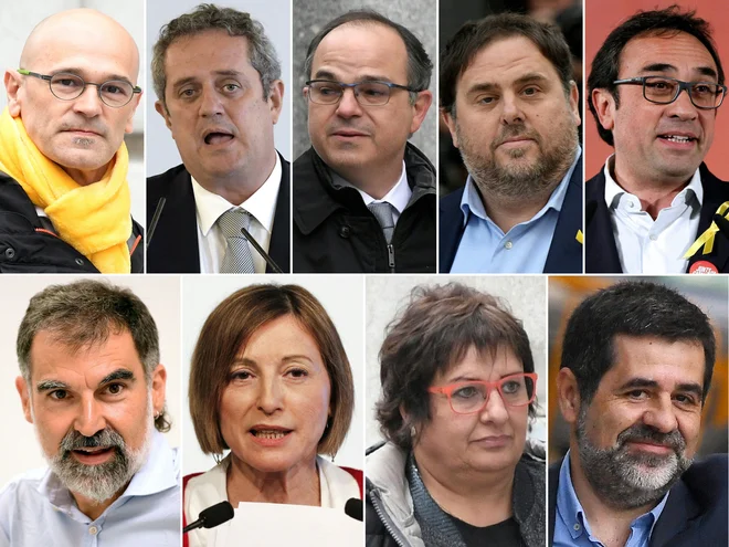 Zaprti politiki (z leve zgoraj) Raul Romeva, Joaquim Forn, Jordi Turull, Oriol Junqueras, Josep Rull (z leve spodaj) Jordi Cuixart, Carme Forcadell, Dolors Bassa in Jordi Sanchez. FOTO: Pau Barrena/AFP