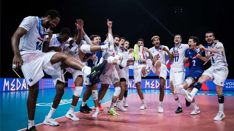 Fotografija: Veselje Francozov po končnem tretjem mestu v ligi narodov. FOTO: Fivb