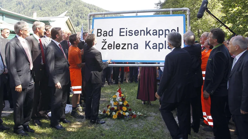 Fotografija: Slovesnost ob postavitvi dvojezične table v Železni Kapli.
FOTO: Matej Družnik/Delo