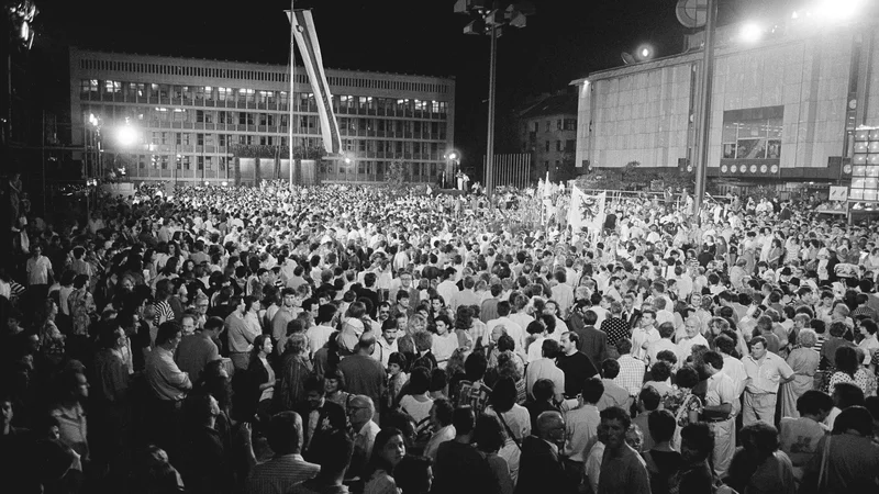 Fotografija: Vzhičenost naroda v noči razglasitve države Slovenije Foto Borut Krajnc