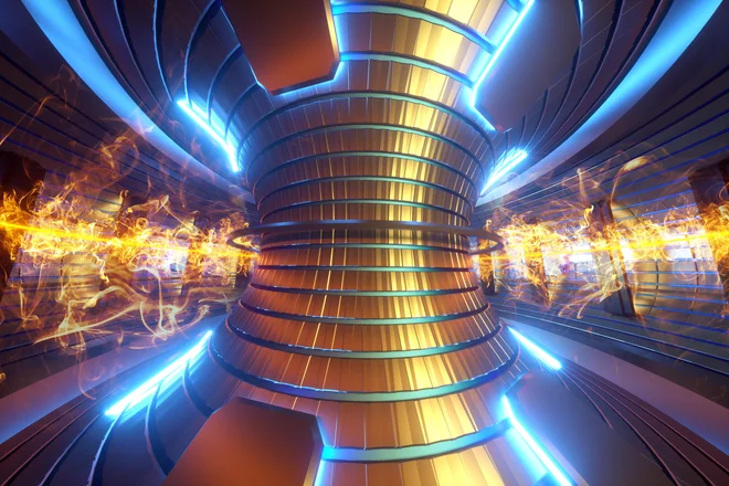 Atomska jedra pri ekstremni temperaturi ali tlaku premagajo odbojno silo in se zlijejo. Takšne razmere znamo ustvariti v inženirsko zelo zahtevni vakuumski komori, imenovani tokamak, kjer vročo plazmo proč od kovinskih sten držijo močni magneti.<br />
Foto Shutterstock