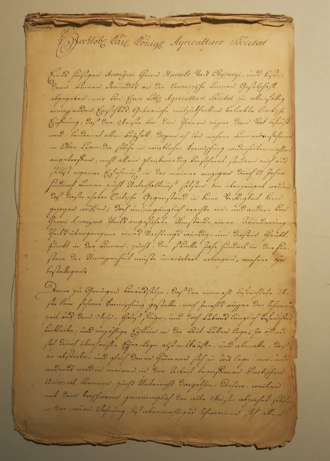 Glavarjevo pismo Kranjski kmetijski družbi o Humlovem zapisu o prahi matice v zraku z dne 25. novembra 1771 – AS SI 869 Glavar Peter Pavel Foto Osebni Arhiv Andrej Šalehar Delo