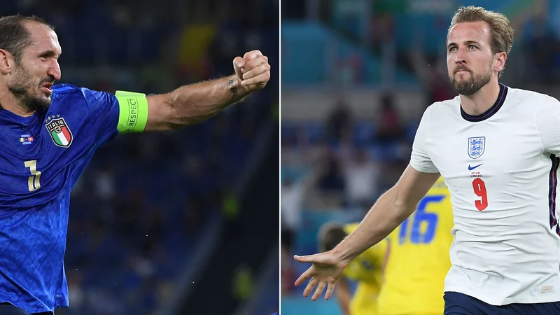 Fotografija: V enem ključnih dvobojev nedeljskega večera se bosta borila kapetana Giorgio Chiellini in Harry Kane. FOTO: Ettore Ferrari/AFP