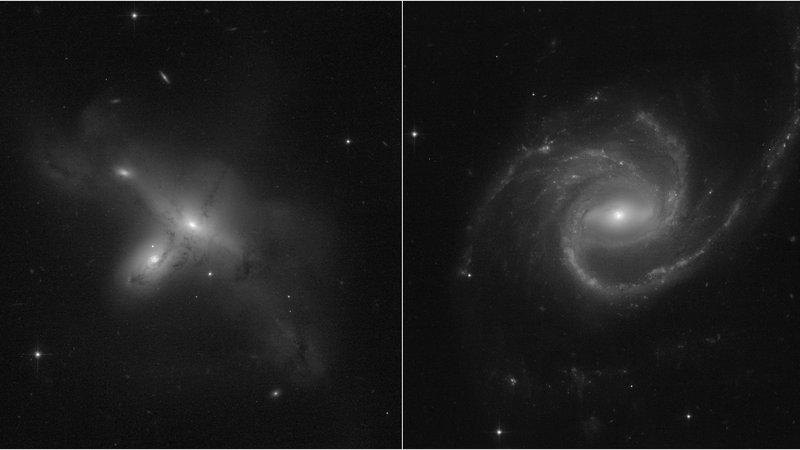 Fotografija: S to fotografijo se je Hubble vrnil med žive. Na levi je prikazana interakcija med dvema galaksijama, na desni je ogromna spiralna galaksija z nenavadno podaljšanimi spiralnimi kraki. FOTO: Nasa, Esa, STSCI