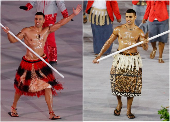 Čez noč je postal senzacija na otvoritveni slovesnosti v Riu leta 2016 (desno), leta 2018 v Pjongčangu pa bil drugi tongovski športnik v zgodovini, ki se je udeležil zimskih olimpijskih iger. FOTO: Stoyan Nenov/Reuters