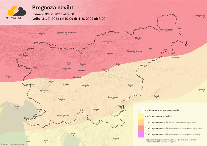 Današnja prognoza neviht. FOTO: arhiv Neurje.si