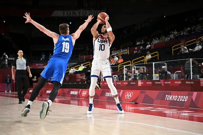 Jayson Tatum je bil na tekmi s Češko najučinkovitejši strelec reprezentance ZDA, ki se je izkazala z metom za tri točke 20:42. FOTO: Aris Messinis/AFP