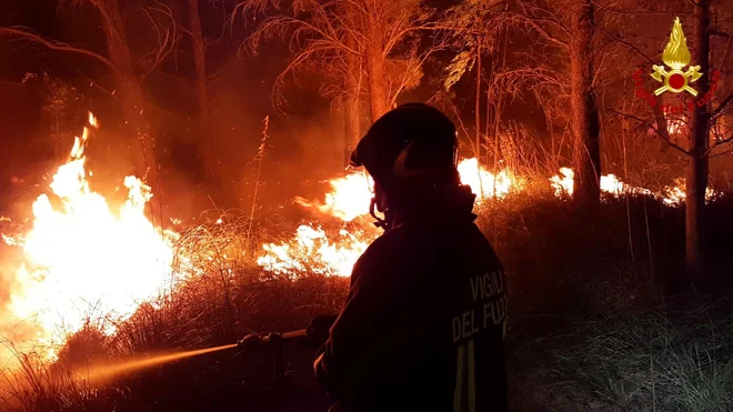 Na jugu Italije še naprej pustošijo požari, ki jih krepijo huda vročina, suša in močni vetrovi. FOTO: Vigili Del Fuoco/Reuters