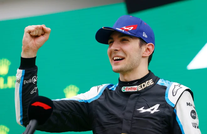 Esteban Ocon ni skrival navdušenja po prvi zmagi v formuli 1. FOTO: Florion Goga/Reuters