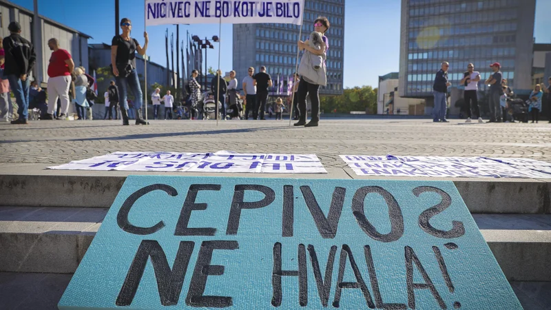 Fotografija: Nasprotniki cepljenja pred Državnim zborom septembra lani. FOTO: Jože Suhadolnik