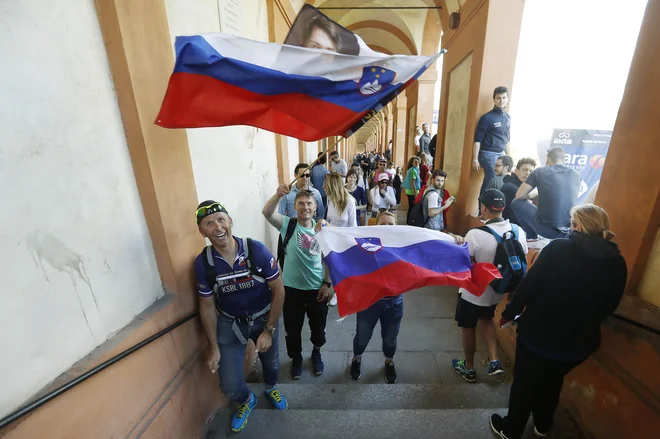 Slovenski navijači povsod podpirajo svoje športnike. Na fotografiji podpora Primožu Rogliču na prvi etapi Giro di Italia. FOTO: Leon Vidic/Delo