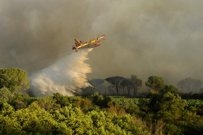 Pri gašenju so si pomagali tudi z gasilnimi letali, ki so na goreče površine spuščali vodo. FOTO: Nicolas Tucat/AFP