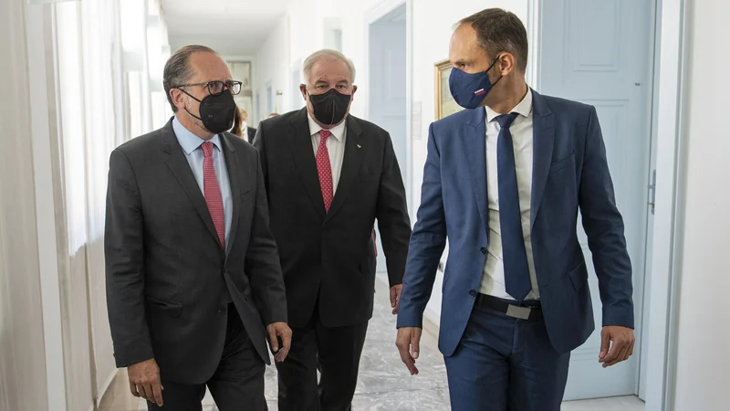 Fotografija: Avstrijski zunanji minister Alexander Schallenberg, štajerski deželni glavar Hermann Schützenhöfer in slovenski zunanji minister Anže Logar med današnjim srečanjem v Ljubljani Foto: Bor Slana/STA