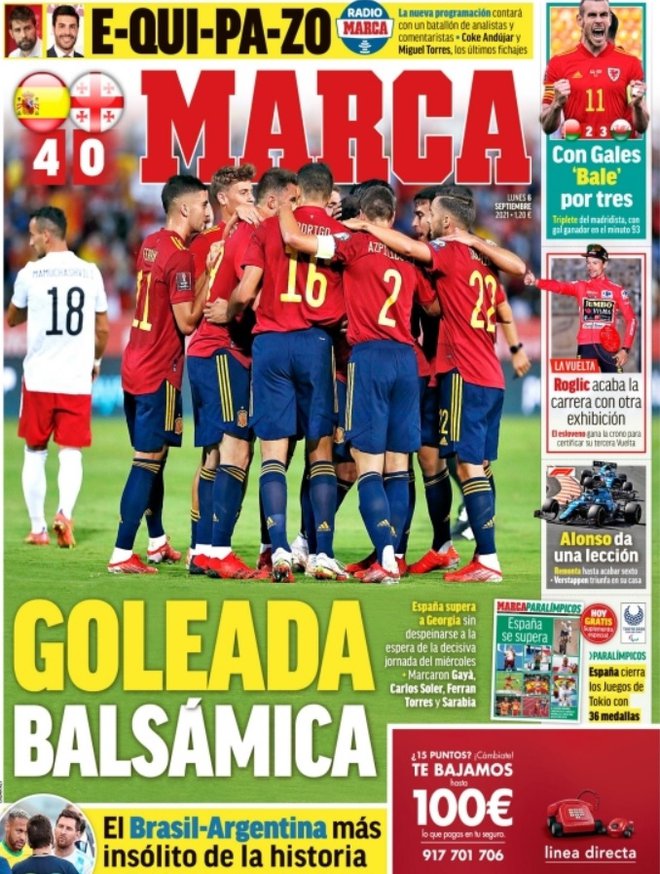Roglič se je na naslovnici ponedeljkove izdaje slovitega španskega časopisa znašel ob boku španske nogometne reprezentance, ki je v kvalifikacijah za SP 2022 po velikem razočaranju na Švedskem tokrat premagala Gruzijo, Garethu Balu, ki je v omenjenih kvalifikacijah blestel v dresu Walesa, in Fernandu Alonsu, ki je spet dokazal svoje mojstrstvo na VN Nizozemske. FOTO: Marca.com