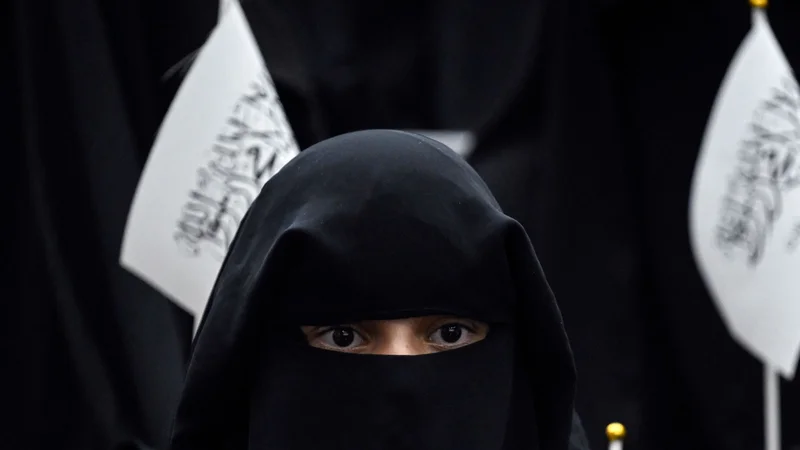 Fotografija: Študentka s talibsko zastavo na včerajšnjem shodu v podporo novemu režimu pred univerzo v Kabulu. FOTO: Aamir Qureshi/AFP