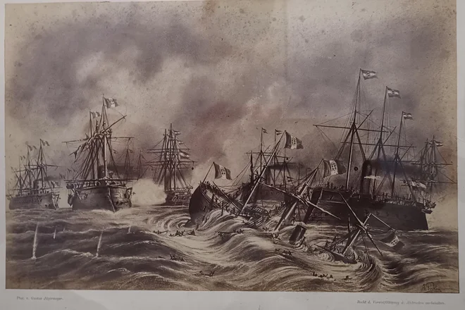 <em>Iz </em><em>Lissa albuma,</em><em> 1866</em><em>,</em> <em>Potopitev italijanske oklepne ladje Re d'Italia</em>
