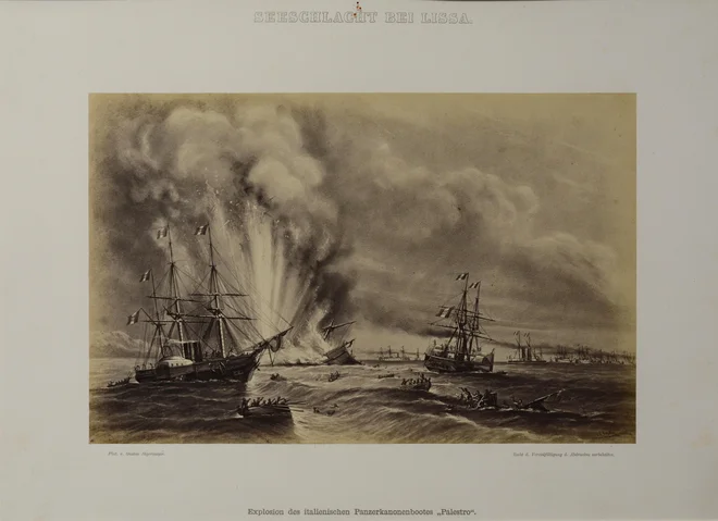 Iz <em>Lissa albuma 1866</em>, <em>Eksplozija italijanske oklepne topovnjače Palestro</em>. Foto Boris Šuligoj