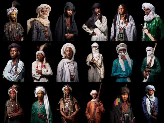 Ta kombinacija fotografij, posnetih v Ingallu, na severu Nigera, prikazuje portrete članov fumanskih in tuareških nomadov iz Sahela in Sahare, ki so se udeležili festivala Cure Salee. Na tisoče ljudi je sodelovalo na tridnevnem festivalu, ki je potekal na obrobju starega trgovskega mesta Ingall. FOTO: Michele Cattani/Afp<br />
