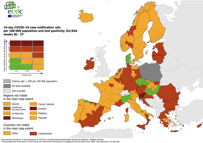 Najnovejši epidemiološki zemljevid VIR: European Centre For Disease Prevention And Control
