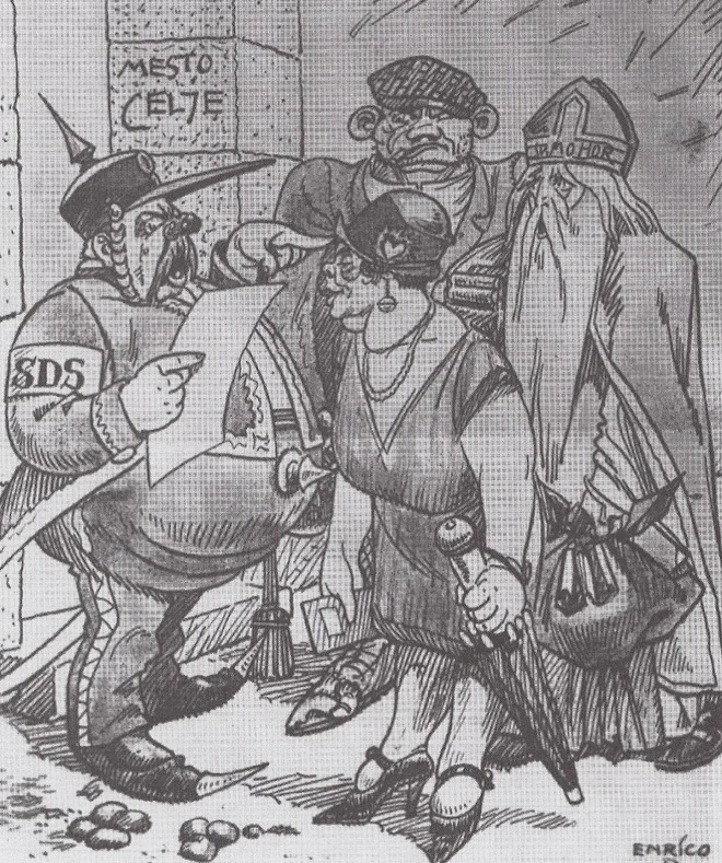 Celjsko mestno občino je leta 1926 vodila Samostojna demokratska stranka, ki je Mohorjevi odklonila koncesijo za tiskarno. Hinko Smrekar je to upodobil na karikaturi, na kateri mestna straža prepoveduje vstop v mesto vlačugi, razbojniku in najstarejšemu slovenskemu kulturnemu delavcu, svetemu Mohorju. Po pritožbi na velikega župana v Mariboru se je Mohorjeva leta 1927 lahko preselila v Celje. FOTO: arhiv Celjske Mohorjeve družbe