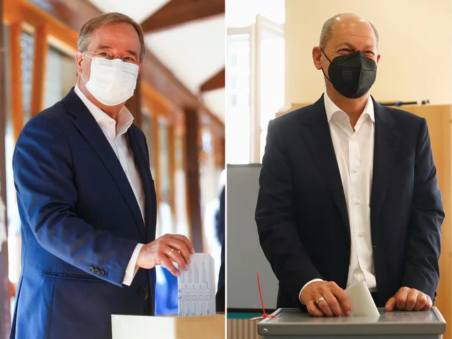 Predsednik in kanclerski kandidat CDU Armin Laschet med oddajo glasovnice v Aachnu in kanclerski kandidat SPD ter aktualni finančni minister Olaf Scholz med oddajo glasovnice v Potsdamu. FOTO: Wolfgang Rattay/AFP