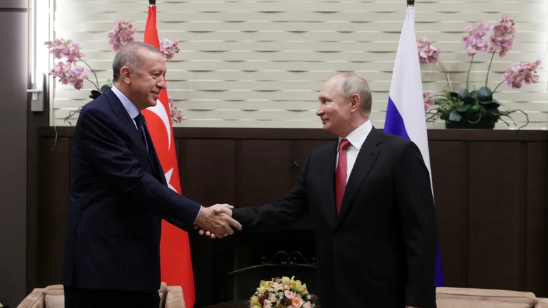 Fotografija: Russian President Vladimir Putin shakes hands with Turkish President Tayyip Erdogan during a meeting in Sochi, Russia September 29, 2021. Sputnik/Vladimir Smirnov/Pool via REUTERS  ATTENTION EDITORS - THIS IMAGE WAS PROVIDED BY A THIRD PARTY.