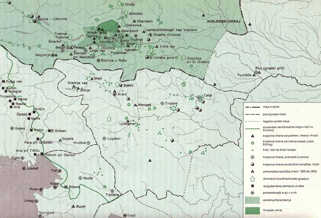 Zemljevid koseških naselbin okoli leta 800. Narisal ga je Ciril Vojvoda, objavljen je v knjigi Boga Grafenauerja <em>Zgodovina slovenskega naroda</em>. FOTO: Založba Kmečka Knjiga, 1954