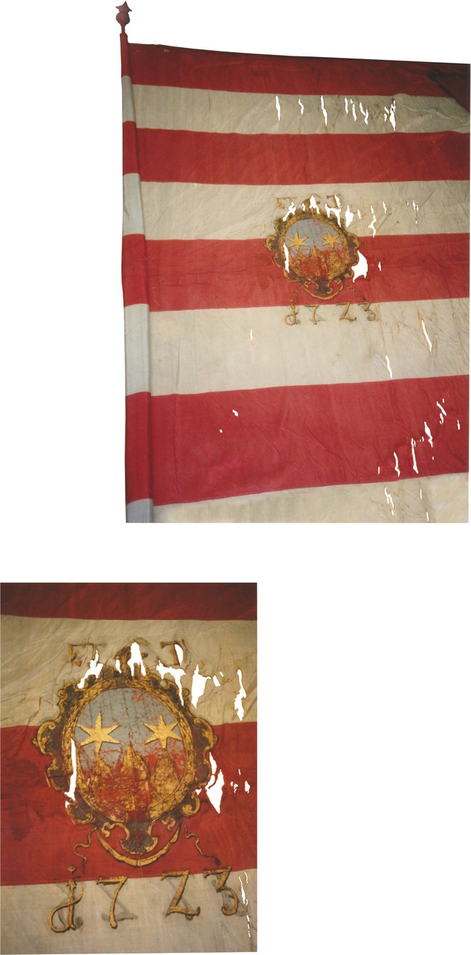 Grb in zastava teharske koseške skupnosti, v katerem so dve zvezdi in trije hribi: Srebotnik, Malič in Ramanca. FOTO: izvirnik hrani Pokrajinski muzej Celje