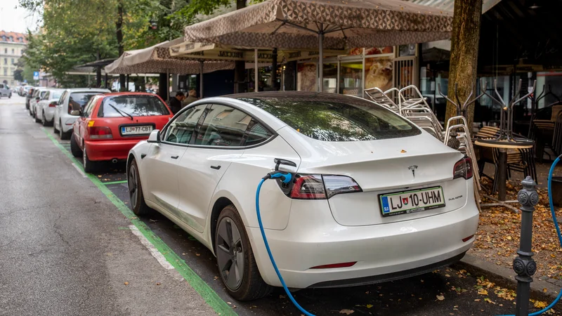 Fotografija: Na cesti parkirna mesta za električna vozila, na pločniku gostinski lokali. FOTO: Voranc Vogel/Delo