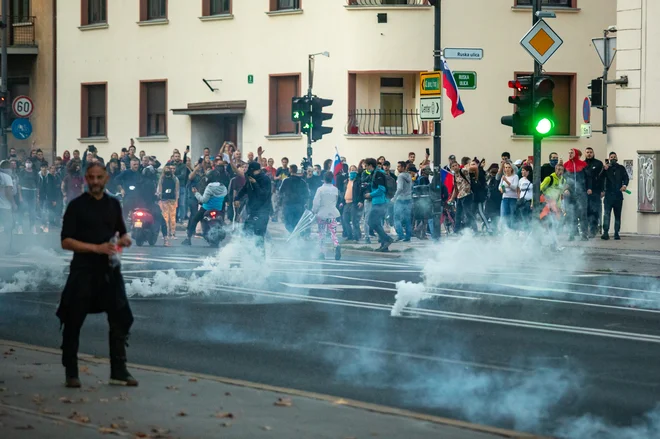 Polcija ni skoparila s solzivcem. FOTO: Voranc Vogel/Delo
