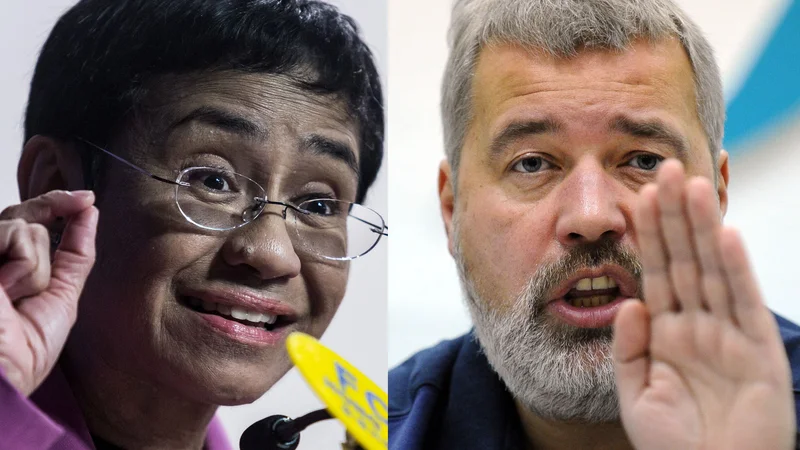 Fotografija: Letošnja Nobelova nagrajenca za mir sta novinarja Maria Ressa iz Filipinov in Dmitrij Muratov iz Rusije. FOTO: Yuri Kadobnov/AFP