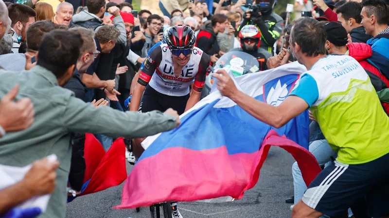 Fotografija: Tadej Pogačar se je skozi slovenske zastave odpeljal zmagi na dirki po Lombardiji naproti. FOTO: Luca Bettini/AFP