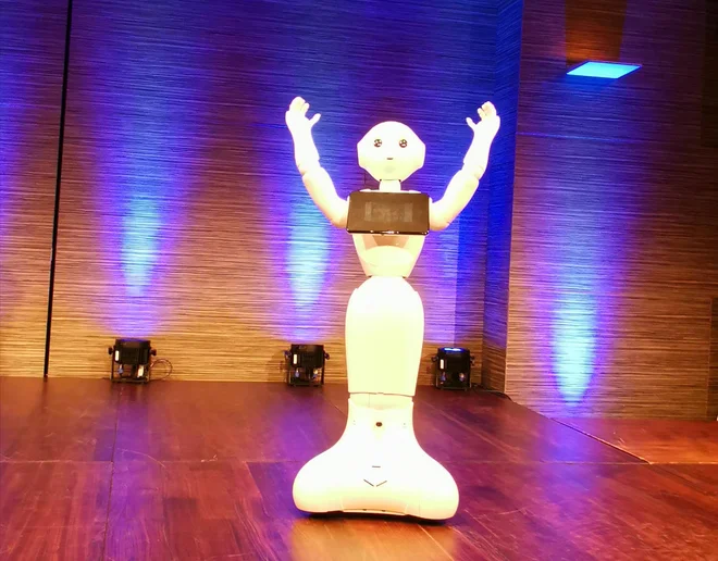 Roke gor, roke dol. Prva slovenska robotka Frida na fotografiji kaže vaje za razgibavanje pacientov. Foto Milena Zupanič