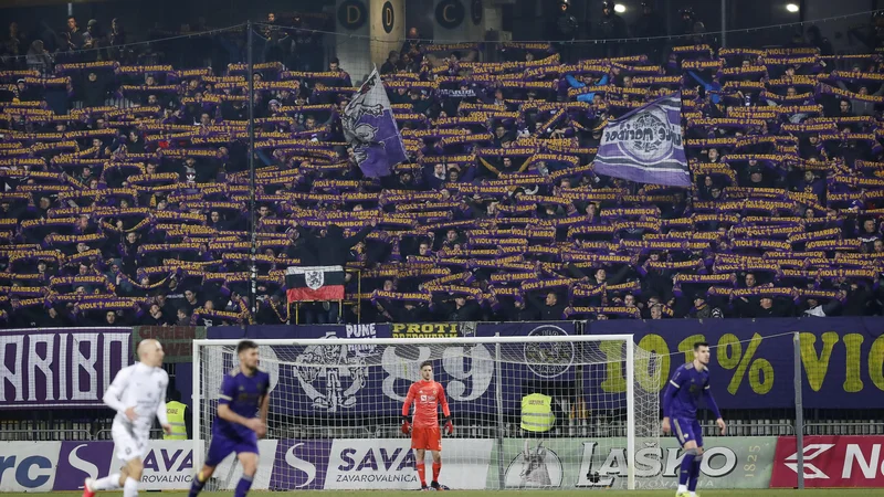 Fotografija: Najzvestejši navijači Maribora, skupina Viole, med večnim derbijem februarja lani. FOTO: Leon Vidic/Delo