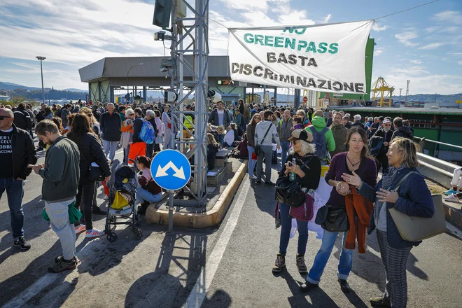 Pred enim izmed vhodov v tržaško pristanišče protestira okoli dva tisoč ljudi. FOTO: Jože Suhadolnik/Delo
