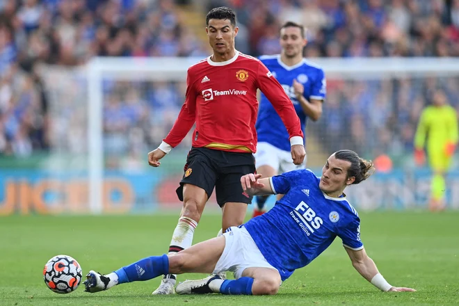 Manchester Unitedov Cristiano Ronaldo v Leicesterju ni prišel do strelskega izraza. FOTO: Paul Ellis/AFP
