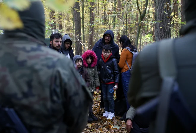 Na poljsko-beloruski meji so zajeli skupino iraških beguncev. Največ ljudi, ki beži prek Belorusije v EU, prihaja iz Iraka. FOTO:&nbsp;Kacper Pempel/Reuters
