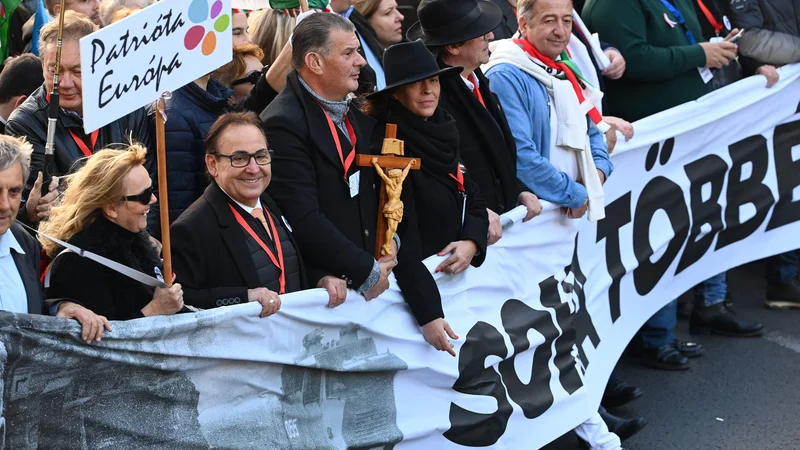 Fotografija: Več tisoč ljudi se je zbralo v podporo Viktorju Orbanu, opozicija se še zbira. FOTO: Attila Kisbenedek/AFP
