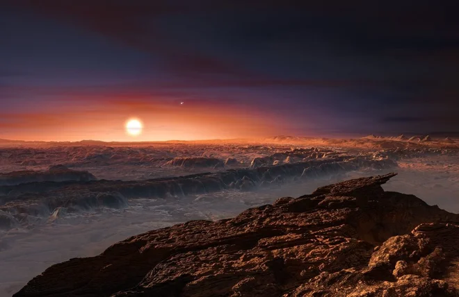 Ilustracija površja planeta Proksima b s svojo zvezdo Proksimo Kentavro. FOTO: Eso
