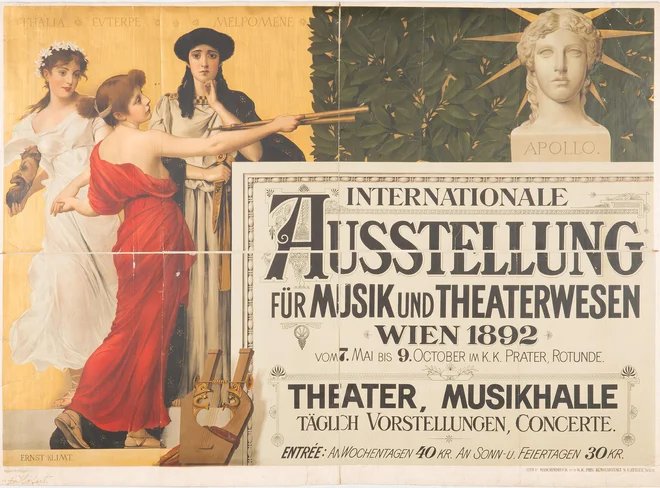 Ernst in Gustav Klimt: Plakat za mednarodno razstavo glasbe in gledališča leta 1893 na Dunaju FOTO; Mak/Nathan Murrell/Museum für angewandte Kunst
