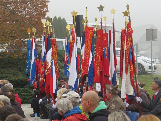 Številni partizanski prapori so danes vihrali v Šentjanžu. FOTO: Bojan Rajšek/Delo
