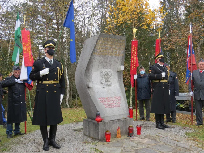 Častna straža Slovenske vojske pred spomenikom komandanta slovenske vojske Franca Rozmana Staneta na Lokvah. FOTO: Bojan Rajšek/Delo
