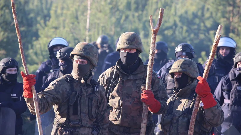 Fotografija: Pripadniki poljske vojske so se zbrali za žično ograjo na meji z Belorusijo, ki jo poskuša prestopiti več sto migrantov. FOTO: Leonid Scheglov/Reuters