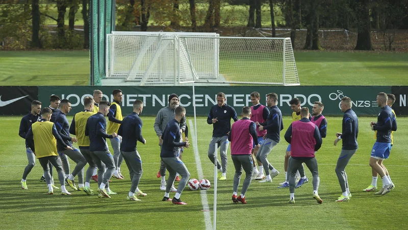 Fotografija: Slovenci so opravili zadnji trening pred tekmo v Trnavi kar na Brdu pri Kranju. FOTO: Jože Suhadolnik