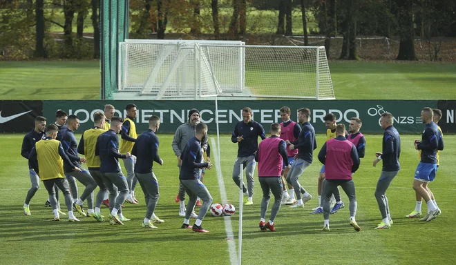 Slovenci so opravili zadnji trening pred tekmo v Trnavi kar na Brdu pri Kranju. FOTO: Jože Suhadolnik
