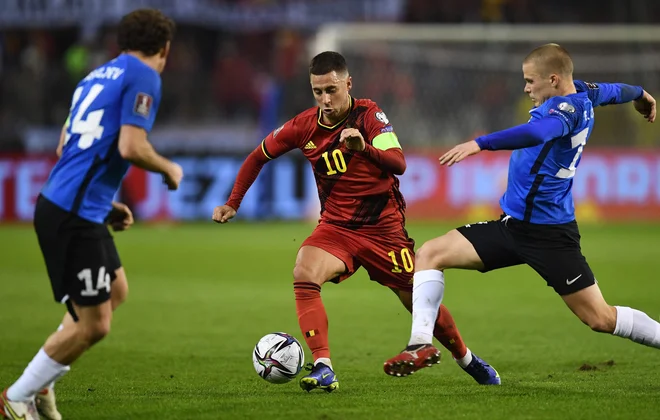 Tudi Belgijec Eden Hazard se, pričakovano, veseli nove poti na nogometni mundial. FOTO: John Thys/AFP
