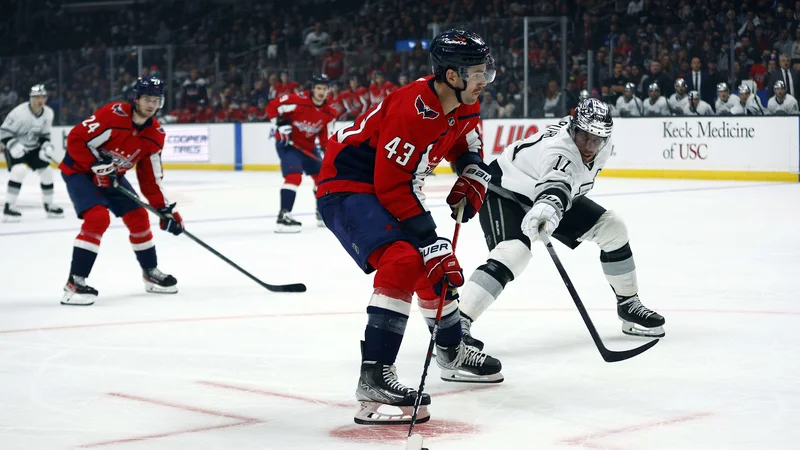 Fotografija: Tom Wilson in Anže Kopitar (desno) med obračunom v dvorani Staples Center, ki je nedavno dobila novega pokrovitelja in se bo 25. decembra preimenovala Crypto.com Areno. FOTO: Ronald Martinez/AFP