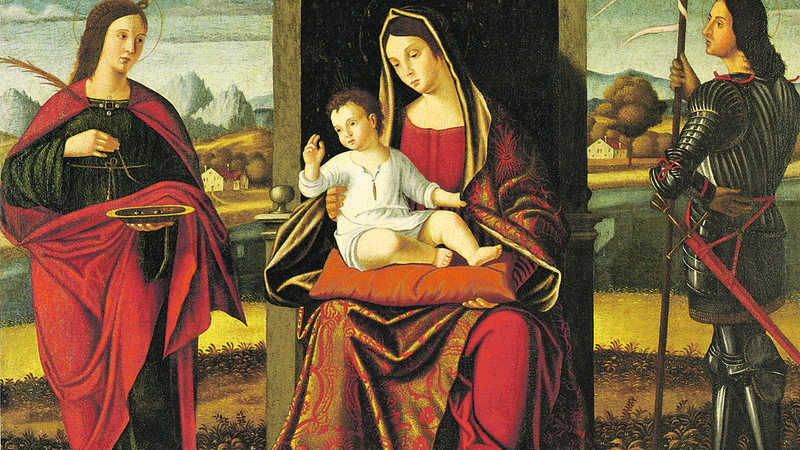 Fotografija: Benedetto Carpaccio: Marija in otrok med sv. Lucijo in sv. Jurijem, olje na platnu, 1541. Slika je bila prvotno v cerkvi v Luciji, pozneje v stavbi občine Piran, od koder je bila odpeljana v Italijo. Zdaj je v tržaškem muzeju Sartorio, skupaj z več drugimi, ki so jih odnesli iz slovenske Istre. FOTO: promocijsko gradivo
